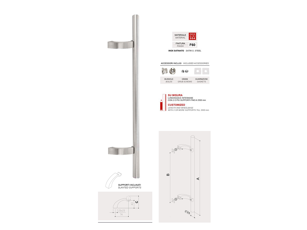 Maniglione Cipro Inclinato d.25 Interasse 300 mm.500x67h AISI304 Inox Satinato | Fimet Maniglie - immagine 1